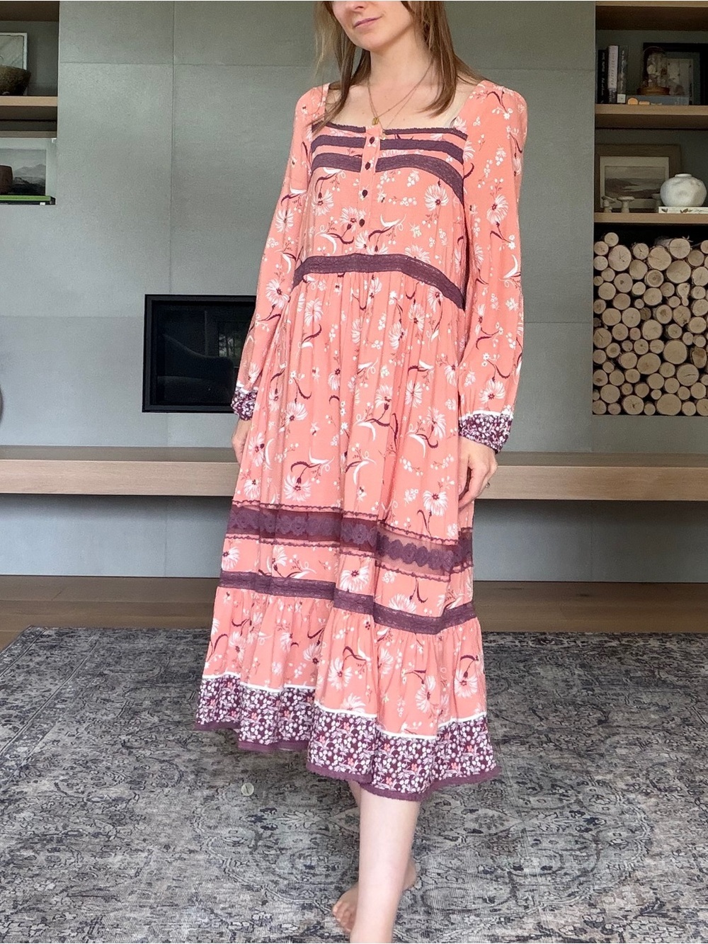 Jaase NWT boho pink Peach Midi Dress with Long Sleeves tiered skirt medium - Picture 14 of 14
